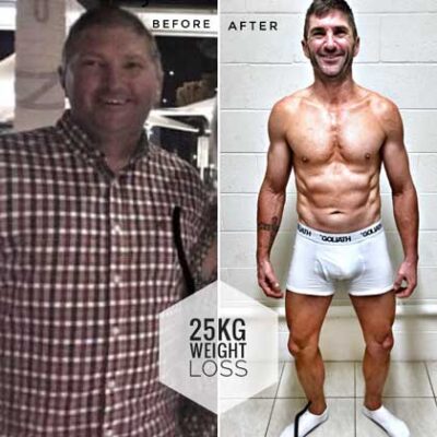 Client before and after showing 25 kilogram weight loss