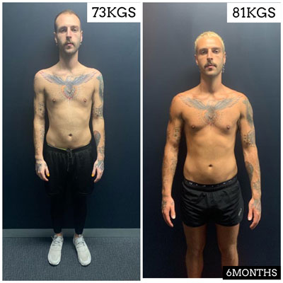 Six month client transformation from 73 kilograms to 81 kilograms